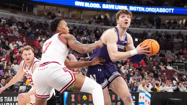 Mar 11, 2026; Chicago, IL, USA; Indiana Hoosiers forward Nick Dorn (7) defends Northwestern Wildcats forward Nick Martinelli (2) during the second half at United Center. Mandatory Credit: David Banks-Imagn Images Mar 11, 2026; Chicago, IL, USA; Indiana Hoosiers forward Nick Dorn (7) defends Northwestern Wildcats forward Nick Martinelli (2) during the second half at United Center. Mandatory Credit: David Banks-Imagn Images
