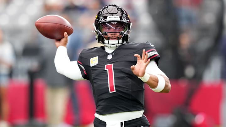 Oct 5, 2025; Glendale, Arizona, USA; Arizona Cardinals quarterback Kyler Murray (1) warms up before their game against the Tennessee Titans at State Farm Stadium. Mandatory Credit: Matt Kartozian-Imagn Images