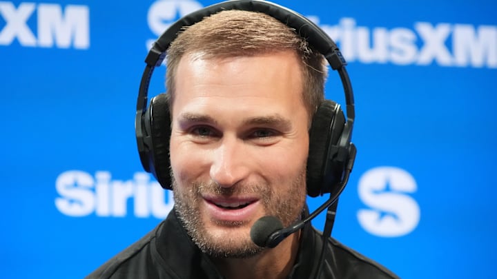 Feb 6, 2026; San Francisco, CA, USA; Kirk Cousins on the Opening Drive show at the SiriusXM NFL radio set at the Super Bowl LX media center at the Moscone Center.