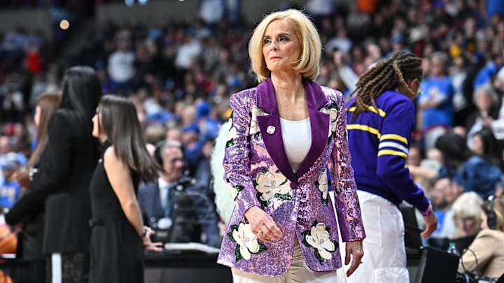 Mar 30, 2025; Spokane, WA, USA;  LSU Lady Tigers head coach Kim Mulkey walks the sideline during the first half of a Elite 8 NCAA Tournament basketball game against the UCLA Bruins at Spokane Arena. Mandatory Credit: James Snook-Imagn Images