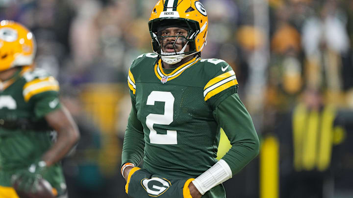 Dec 27, 2025; Green Bay, Wisconsin, USA;  Green Bay Packers quarterback Malik Willis (2) during warmups prior to the game against the Baltimore Ravens at Lambeau Field.