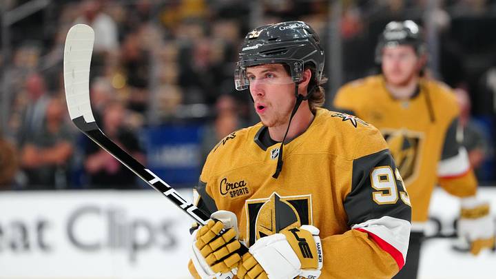 May 12, 2026; Las Vegas, Nevada, USA; Vegas Golden Knights right wing Mitch Marner (93) warms up before the start of game five against the Anaheim Ducks in the second round of the 2026 Stanley Cup Playoffs at T-Mobile Arena. Mandatory Credit: Stephen R. Sylvanie-Imagn Images