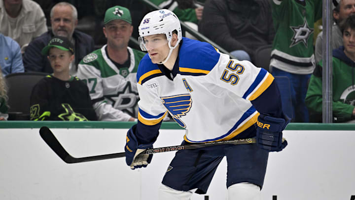 Mar 2, 2025; Dallas, Texas, USA; St. Louis Blues defenseman Colton Parayko (55) in action during the game between the Dallas Stars and the St. Louis Blues at the American Airlines Center. Mandatory Credit: Jerome Miron-Imagn Images