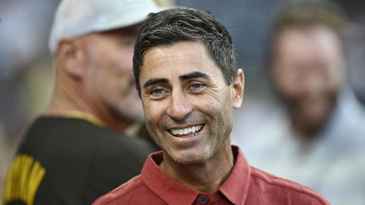 Sep 4, 2024; San Diego, California, USA; San Diego Padres general manager A.J. Preller looks on before a game against the Detroit Tigers at Petco Park. Mandatory Credit: Denis Poroy-Imagn Images