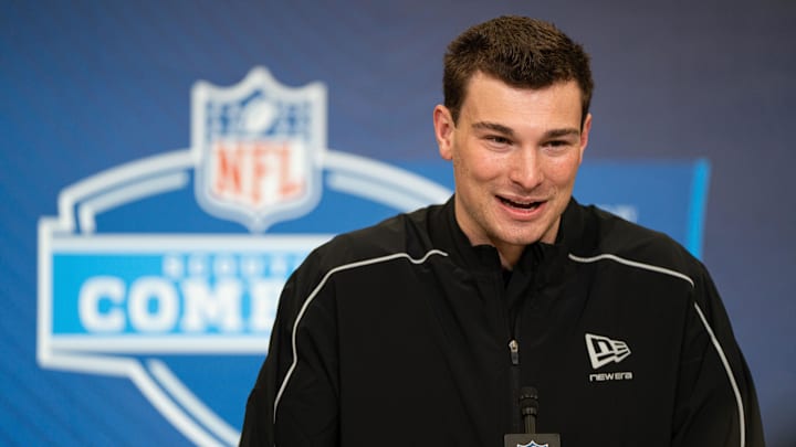 Feb 27, 2026; Indianapolis, IN, USA; Indiana quarterback Fernando Mendoza (QB11) speaks to members of the media during the NFL Combine at the Indiana Convention Center. Mandatory Credit: Jacob Musselman-Imagn Images
