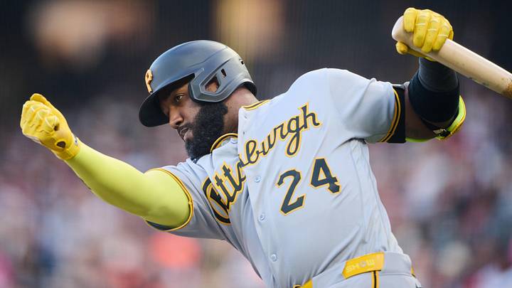 May 9, 2026; San Francisco, California, USA; Pittsburgh Pirates designated hitter Marcell Ozuna (24) takes a practice swing before batting against the San Francisco Giants during the fourth inning at Oracle Park. Mandatory Credit: Robert Edwards-Imagn Images