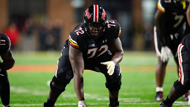 Sep 15, 2023; College Park, Maryland, USA; Maryland Terrapins offensive lineman Gottlieb Ayedze (72) during the third quarter against the Virginia Cavaliers at SECU Stadium. Mandatory Credit: Reggie Hildred-Imagn Images Sep 15, 2023; College Park, Maryland, USA; Maryland Terrapins offensive lineman Gottlieb Ayedze (72) during the third quarter against the Virginia Cavaliers at SECU Stadium. Mandatory Credit: Reggie Hildred-Imagn Images