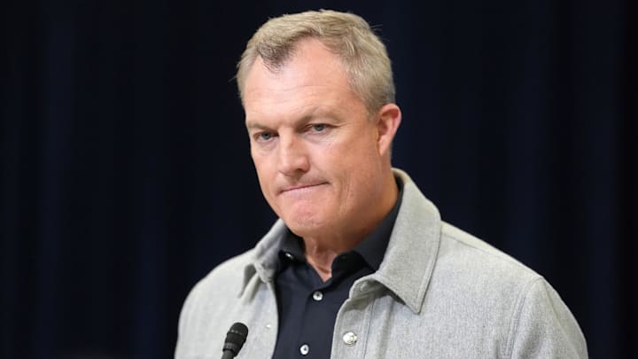 Feb 24, 2026; Indianapolis, IN, USA; San Francisco 49ers general manager John Lynch speaks at the NFL Scouting Combine at the Indiana Convention Center. Mandatory Credit: Kirby Lee-Imagn Images