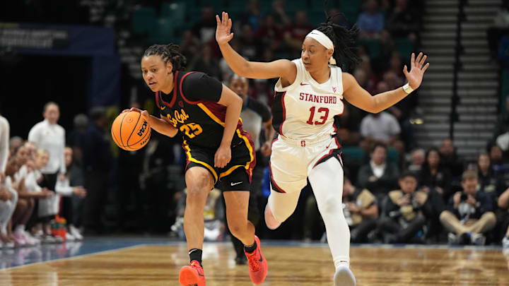 Mar 10, 2024; Las Vegas, NV, USA; Southern California Trojans guard McKenzie Forbes (25) dribbles against Stanford Cardinal guard Chloe Clardy (13) in the second half of the Pac-12 Tournament women's championship game at MGM Grand Garden Arena. Mandatory Credit: Kirby Lee-Imagn Images Mar 10, 2024; Las Vegas, NV, USA; Southern California Trojans guard McKenzie Forbes (25) dribbles against Stanford Cardinal guard Chloe Clardy (13) in the second half of the Pac-12 Tournament women's championship game at MGM Grand Garden Arena. Mandatory Credit: Kirby Lee-Imagn Images