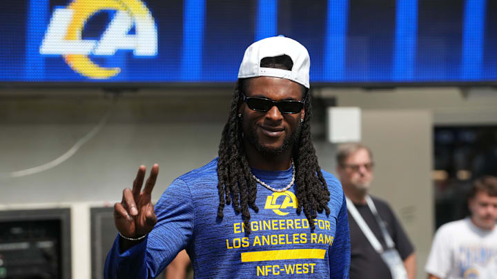 Aug 16, 2025; Inglewood, California, USA; Los Angeles Rams wide receiver Davante Adams reacts during a game against the Los Angeles Chargers at SoFi Stadium. Mandatory Credit: Kirby Lee-Imagn Images