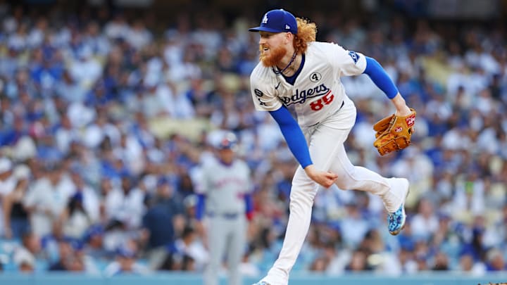 Jun 2, 2025; Los Angeles, California, USA; Los Angeles Dodgers pitcher Dustin May (85) pitches against the New York Mets during the first inning during the first inning against the New York Mets at Dodger Stadium. Mandatory Credit: Jason Parkhurst-Imagn Images