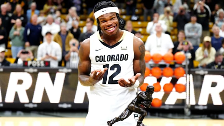 Dec 21, 2024; Boulder, Colorado, USA; Colorado Buffaloes Heisman trophy winner Travis Hunter before the game against the Bellarmine Knights at CU Events Center. Mandatory Credit: Ron Chenoy-Imagn Images