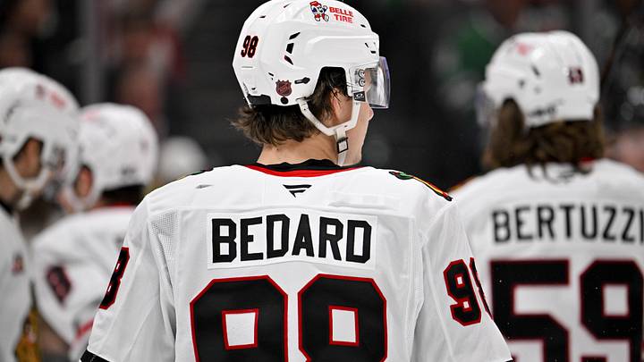Mar 8, 2026; Dallas, Texas, USA; Chicago Blackhawks center Connor Bedard (98) looks on during the game between the Stars and the Blackhawks at American Airlines Center. Mandatory Credit: Jerome Miron-Imagn Images Mar 8, 2026; Dallas, Texas, USA; Chicago Blackhawks center Connor Bedard (98) looks on during the game between the Stars and the Blackhawks at American Airlines Center. Mandatory Credit: Jerome Miron-Imagn Images