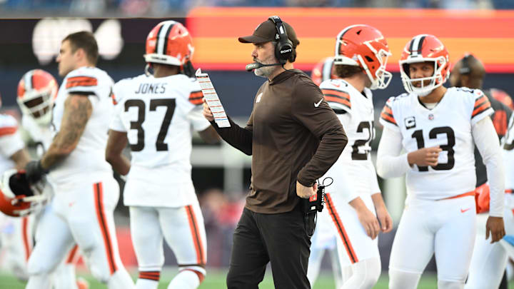 Oct 26, 2025; Foxborough, Massachusetts, USA;  Cleveland Browns head coach Kevin Stefanski looks on during the fourth quarter against the New England Patriots at Gillette Stadium. Mandatory Credit: Brian Fluharty-Imagn Images