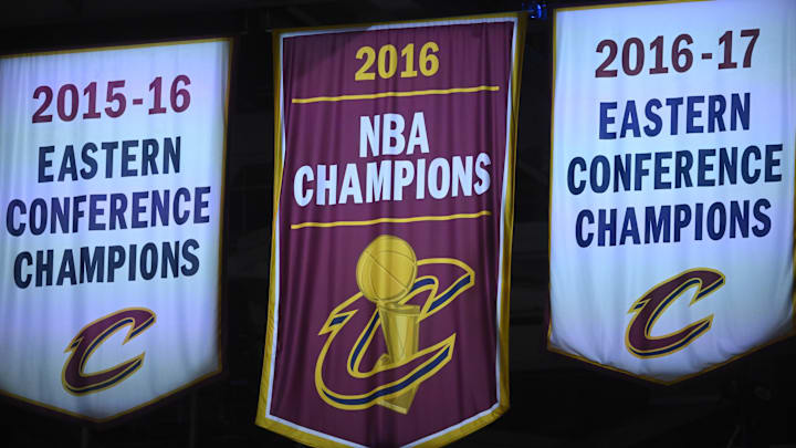 Dec 23, 2024; Cleveland, Ohio, USA; A general view of the Cleveland Cavaliers championship banner during a game between the Cavaliers and the Utah Jazz at Rocket Mortgage FieldHouse. Mandatory Credit: David Richard-Imagn Images Dec 23, 2024; Cleveland, Ohio, USA; A general view of the Cleveland Cavaliers championship banner during a game between the Cavaliers and the Utah Jazz at Rocket Mortgage FieldHouse. Mandatory Credit: David Richard-Imagn Images