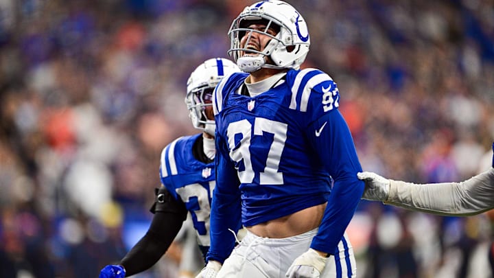 Sep 22, 2024; Indianapolis, Indiana, USA; Indianapolis Colts defensive end Laiatu Latu (97) celebrates a sack during the second half against the Chicago Bears at Lucas Oil Stadium. Mandatory Credit: Marc Lebryk-Imagn Images
Sep 22, 2024; Indianapolis, Indiana, USA; Indianapolis Colts defensive end Laiatu Latu (97) celebrates a sack during the second half against the Chicago Bears at Lucas Oil Stadium. Mandatory Credit: Marc Lebryk-Imagn Images