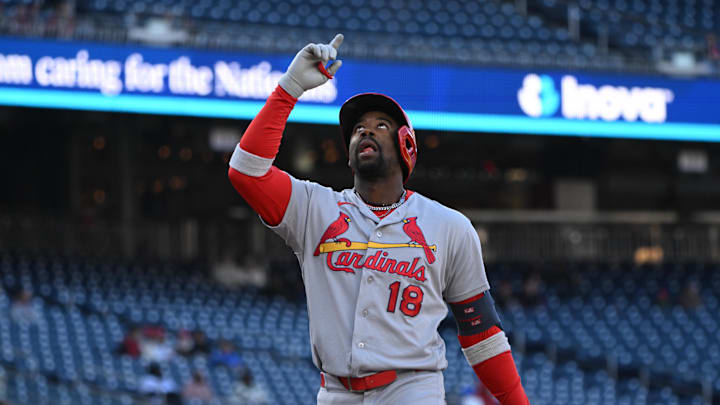 Apr 8, 2026; Washington, District of Columbia, USA; St. Louis Cardinals right fielder Jordan Walker (18) points to the sky after hitting a home run against the Washington Nationals during the fifth inning at Nationals Park. Mandatory Credit: Rafael Suanes-Imagn Images