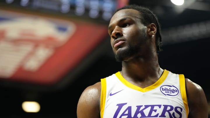 Jul 15, 2024; Las Vegas, NV, USA; Los Angeles Lakers guard Bronny James (9) competes against the Boston Celtics during the second half at Thomas & Mack Center. Mandatory Credit: Lucas Peltier-USA TODAY Sports