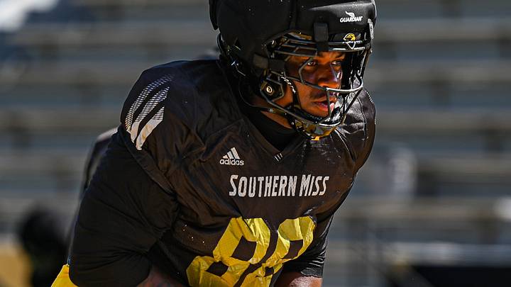 Southern Miss defensive lineman Darrell Gross (88) before a fall camp scrimmage on Aug. 22, 2026.
