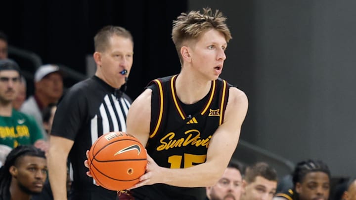 Feb 21, 2026; Waco, Texas, USA; Arizona State Sun Devils guard Noah Meeusen (15) looks to pass against the Baylor Bears during the second half at Paul and Alejandra Foster Pavilion. Mandatory Credit: Chris Jones-Imagn Images