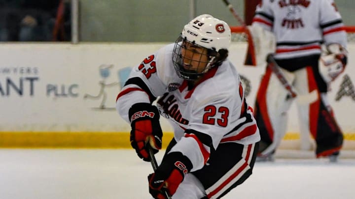 St. Cloud State men's hockey freshman Austin Burnevik skates up the ice during an exhibition game Oct. 5 at home against Minnesota. The Huskies lost 5-1. St. Cloud State men's hockey freshman Austin Burnevik skates up the ice during an exhibition game Oct. 5 at home against Minnesota. The Huskies lost 5-1.