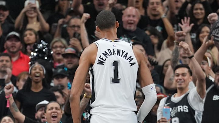 May 6, 2026; San Antonio, Texas, USA; San Antonio Spurs forward Victor Wembanyama (1) celebrates in front of the fans