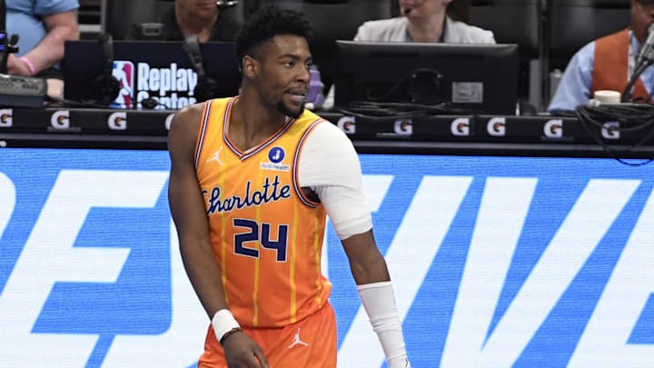 Mar 6, 2026; Charlotte, North Carolina, USA;  Charlotte Hornets forward Brandon Miller (24) reacts after scoring during the second half against the Miami Heat at the Spectrum Center. Mandatory Credit: Sam Sharpe-Imagn Images.