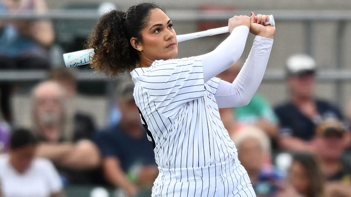 2022 OU softball graduate Jocelyn Alo bats as a member of the New York Yankees during the 2025 MLB Home Derby X at Principal Park on Aug. 30, 2025 in Des Moines, Iowa.