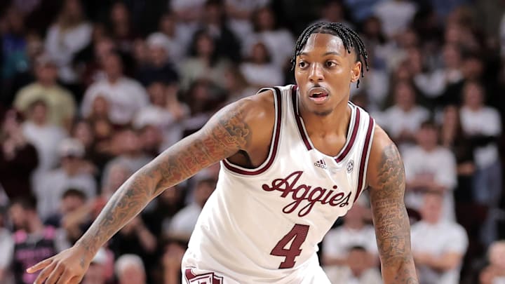 Dec 6, 2023; College Station, Texas, USA; Texas A&M Aggies guard Wade Taylor IV (4) handles the