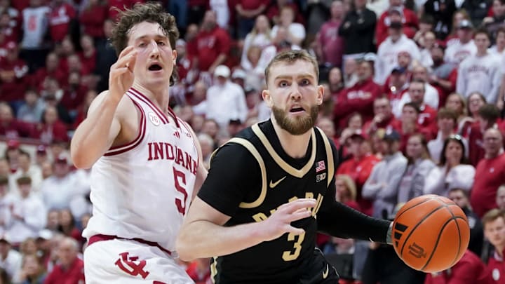 Purdue Boilermakers guard Braden Smith (3) drives against Indiana Hoosiers guard Conor Enright (5) at Simon Skjodt Assembly Hall. 