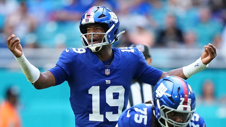Aug 22, 2026; Miami Gardens, Florida, USA; New York Giants quarterback Jameis Winston (19) calls a play against the Miami Dolphins during the third quarter of a preseason game at Hard Rock Stadium. Aug 22, 2026; Miami Gardens, Florida, USA; New York Giants quarterback Jameis Winston (19) calls a play against the Miami Dolphins during the third quarter of a preseason game at Hard Rock Stadium.