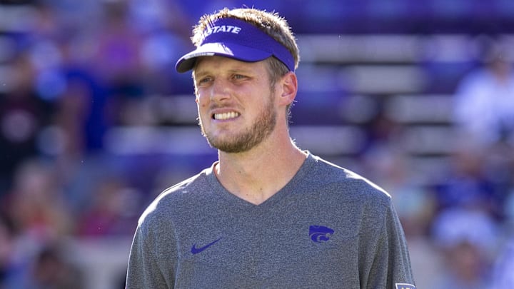 Kansas State Wildcats coach Collin Klein watches the team warm up before the start of a game against the South Dakota Coyotes at Bill Snyder Family Football Stadium. 