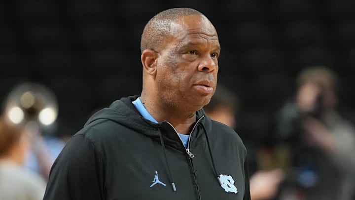 Mar 18, 2026; Greenville, SC, USA; North Carolina Tar Heels head coach Hubert Davis during a practice session ahead of the first round of the men's 2026 NCAA Tournament at Bon Secours Wellness Arena. Mandatory Credit: Bob Donnan-Imagn Images