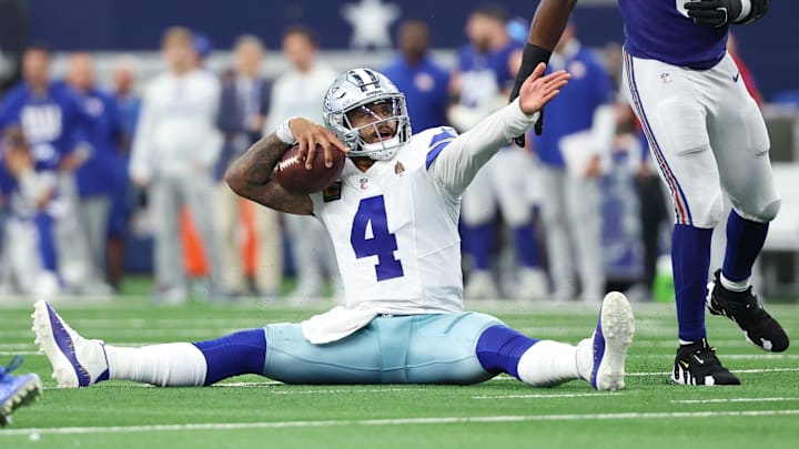 Dallas Cowboys quarterback Dak Prescott reacts after a play against the New York Giants