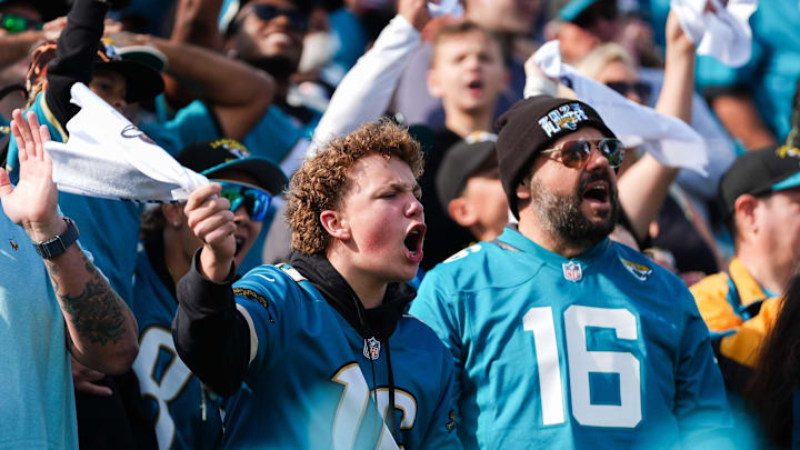 Jaguar fans show their support during the first quarter in an NFL football AFC Wild Card playoff matchup, Sunday, Jan. 11, 2026, in Jacksonville, Fla. Bills lead 10-7 at the half over the Jaguars. [Doug Engle/Florida Times-Union]
