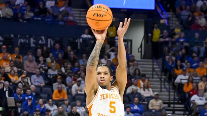 Mar 15, 2024; Nashville, TN, USA; Tennessee Volunteers guard Zakai Zeigler (5) shoots a three pointer in the SEC Tournament. 