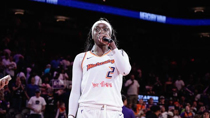 Kahleah Copper (2) of the Phoenix Mercury speaks to the fans on her birthday, after a game against the Chicago Sky at PHX Arena on Aug. 28, 2025, in Phoenix.