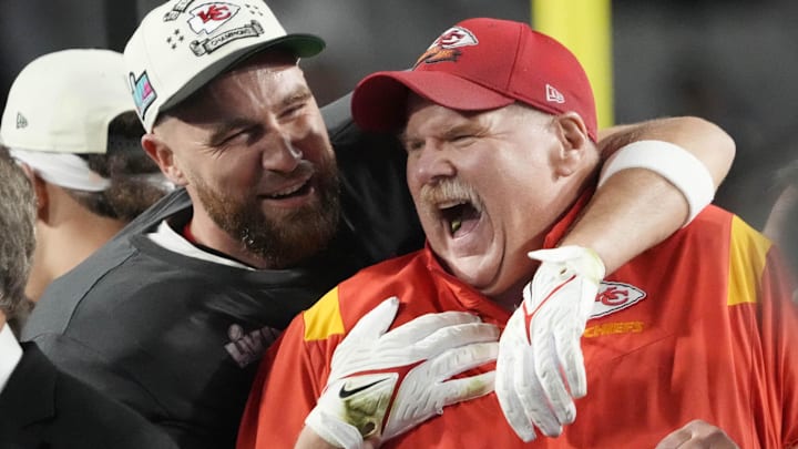 Feb. 12, 2023: Andy Reid and Travis Kelce celebrate the Kansas City Chiefs' win over the Philadelphia Eagles in Super Bowl LVII at State Farm Stadium in Glendale, Arizona.