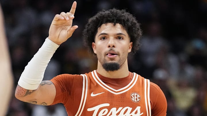 Texas Longhorns guard Jordan Pope celebrates against the Missouri Tigers after scoring during the second half of the game at Mizzou Arena. 