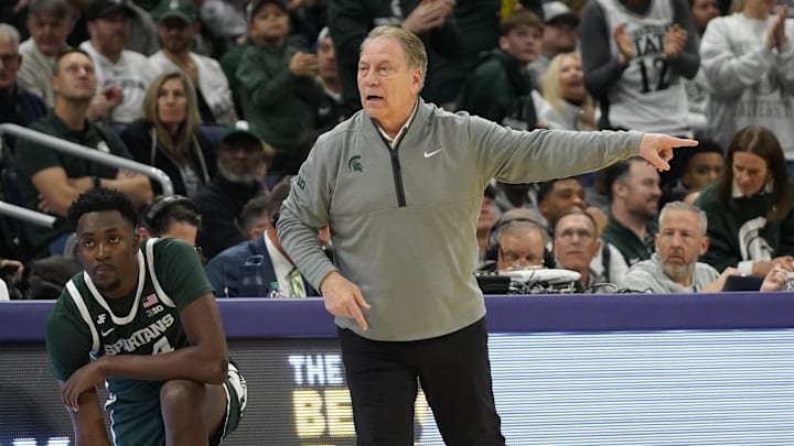 Jan 12, 2025; Evanston, Illinois, USA; Michigan State Spartans head coach Tom Izzo gestures to his team against the Northwestern Wildcats during the first half at Welsh-Ryan Arena. Mandatory Credit: David Banks-Imagn Images