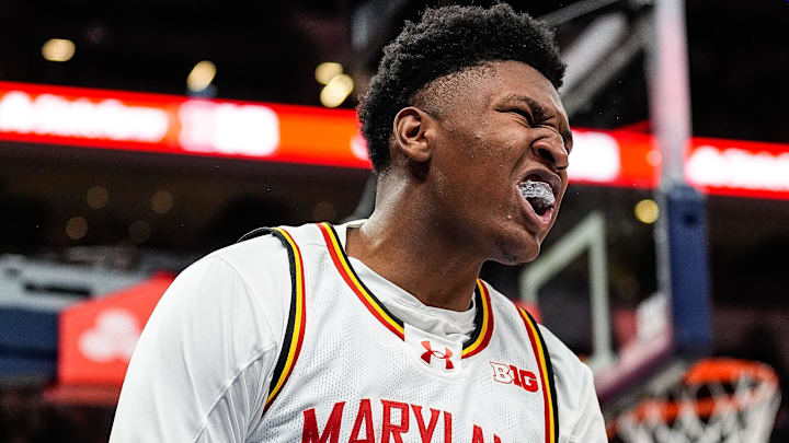 Maryland center Derik Queen (25) celebrates a play against Michigan during the second half of Big Ten Tournament semifinal at Gainbridge Fieldhouse in Indianapolis, Ind. on Saturday, March 15, 2025. Maryland center Derik Queen (25) celebrates a play against Michigan during the second half of Big Ten Tournament semifinal at Gainbridge Fieldhouse in Indianapolis, Ind. on Saturday, March 15, 2025.