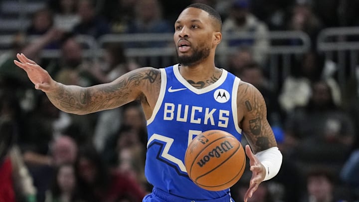 Feb 23, 2025; Milwaukee, Wisconsin, USA; Milwaukee Bucks guard Damian Lillard (0) walks the ball up court during the first quarter against the Miami Heat at Fiserv Forum. Mandatory Credit: Jeff Hanisch-Imagn Images Feb 23, 2025; Milwaukee, Wisconsin, USA; Milwaukee Bucks guard Damian Lillard (0) walks the ball up court during the first quarter against the Miami Heat at Fiserv Forum. Mandatory Credit: Jeff Hanisch-Imagn Images