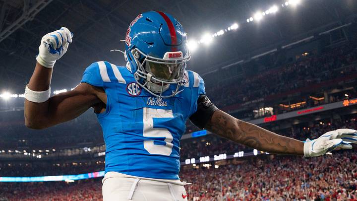 Ole Miss running back Kewan Lacy (5) celebrates after scoreing a touchdown during the CFP Fiesta Bowl against Miami at the State Farm Stadium, in Glendale, Ariz., on Thursday, Jan. 8, 2026.