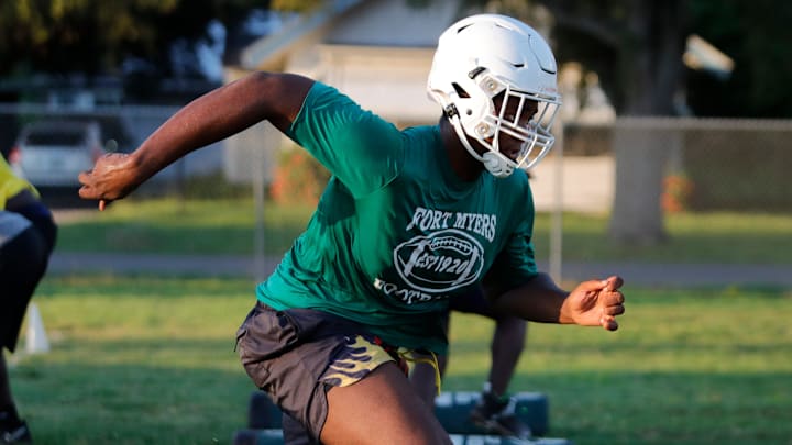 Kendall Guervil participates in early morning drills. Fort Myers High School football players were up early on Tuesday, August 1, 2023, as practices got underway for their upcoming season. Kendall Guervil participates in early morning drills. Fort Myers High School football players were up early on Tuesday, August 1, 2023, as practices got underway for their upcoming season.