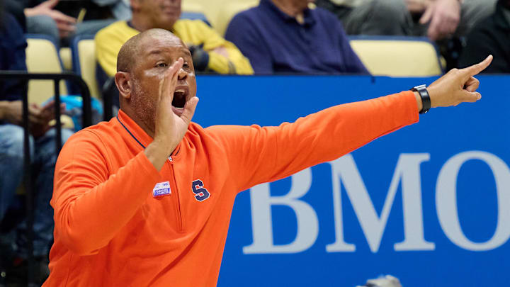 Feb 1, 2025; Berkeley, California, USA; Syracuse Orange head coach Adrian Autry instructs his team against the California Golden Bears during the first half at Haas Pavilion. Mandatory Credit: Robert Edwards-Imagn Images