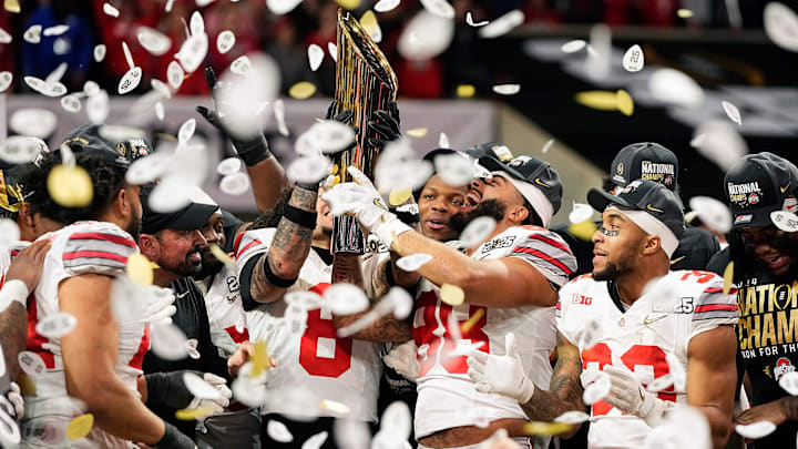 Ohio State Buckeyes celebrate their 34-23 win over Notre Dame Fighting Irish to win the College Football Playoff National Championship at Mercedes-Benz Stadium in Atlanta on January 20, 2025. Ohio State Buckeyes celebrate their 34-23 win over Notre Dame Fighting Irish to win the College Football Playoff National Championship at Mercedes-Benz Stadium in Atlanta on January 20, 2025.