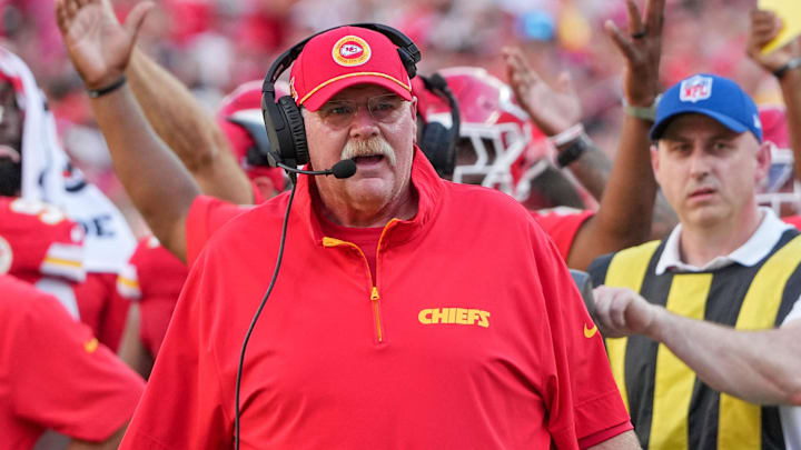 Sep 15, 2024; Kansas City, Missouri, USA; Kansas City Chiefs head coach Andy Reid reacts to a no-call against the Cincinnati Bengals during the game at GEHA Field at Arrowhead Stadium. Mandatory Credit: Denny Medley-Imagn Images