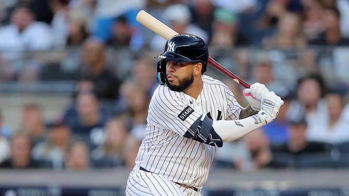 Aug 3, 2026; Bronx, New York, USA; New York Yankees first baseman Luis Garcia Jr. (26) bats against the St. Louis Cardinals during the first inning at Yankee Stadium. Mandatory Credit: Brad Penner-Imagn Images