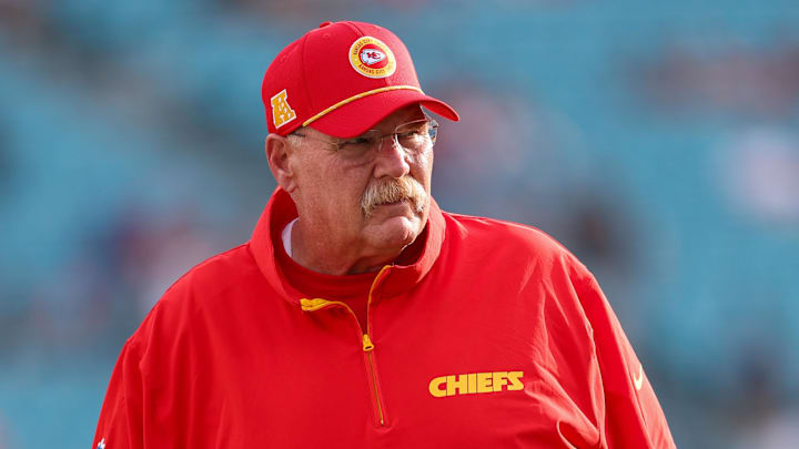 Aug 10, 2024; Jacksonville, Florida, USA; Kansas City Chiefs head coach Andy Reid looks on before a preseason game against the Jacksonville Jaguars at EverBank Stadium. Mandatory Credit: Nathan Ray Seebeck-USA TODAY Sports