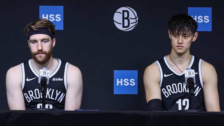 Sep 23, 2025; Brooklyn, NY, USA; Brooklyn Nets forwards Drew Timme (26) and Zeng Fanbo (12) speak at Media Day. Mandatory Credit: Wendell Cruz-Imagn Images Sep 23, 2025; Brooklyn, NY, USA; Brooklyn Nets forwards Drew Timme (26) and Zeng Fanbo (12) speak at Media Day. Mandatory Credit: Wendell Cruz-Imagn Images